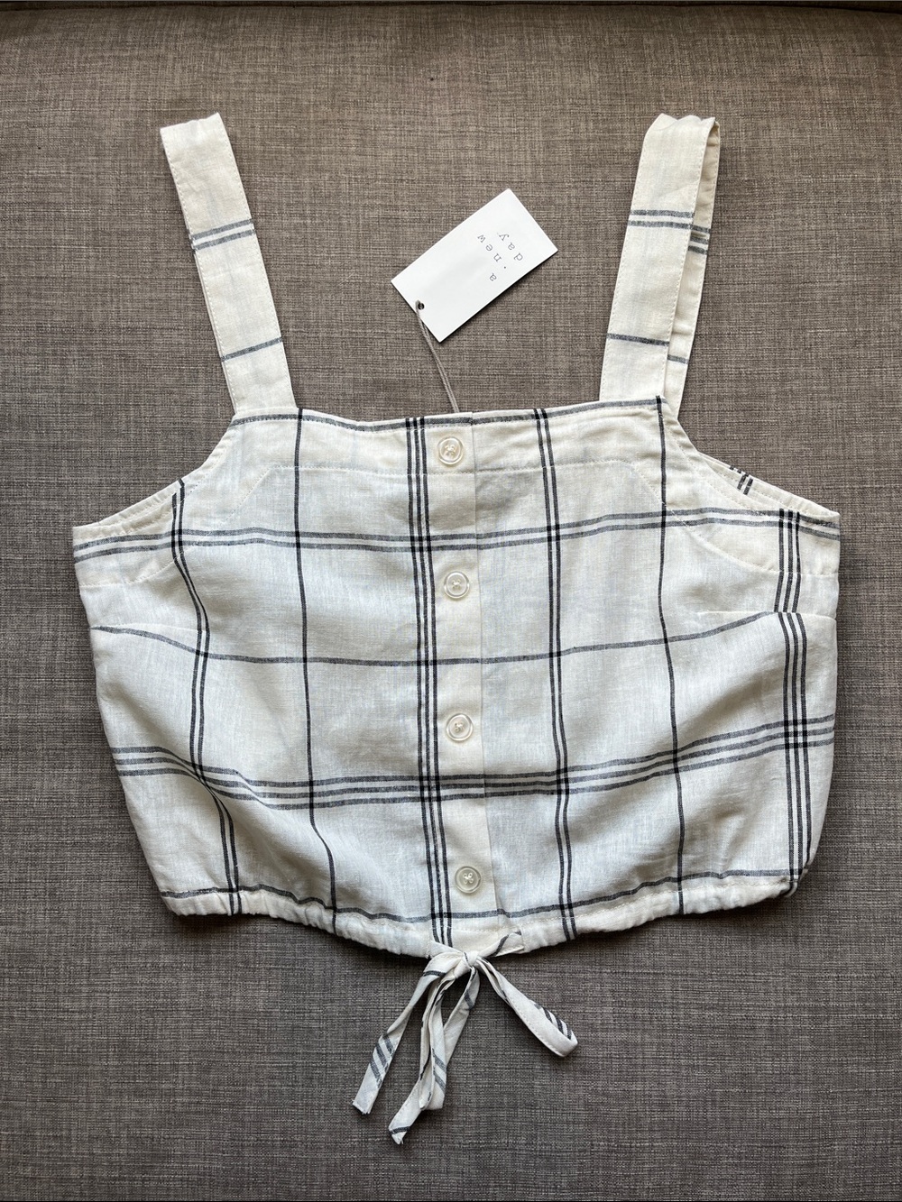 Linen Blend Crop Tank Top Cream Plaid Tie S NWT